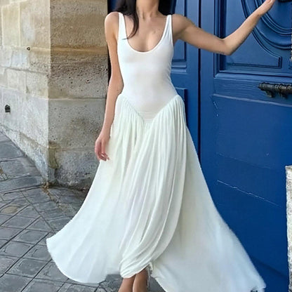 2025 summer new cross-border European and American fashion casual versatile U-neck suspender solid color slim waist dress for women