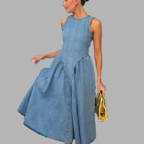 Spring 2026 New Cross-border Amazon Solid Color Fashion Crew Neck Midi Length Waist Sleeveless Vest Dress for Women