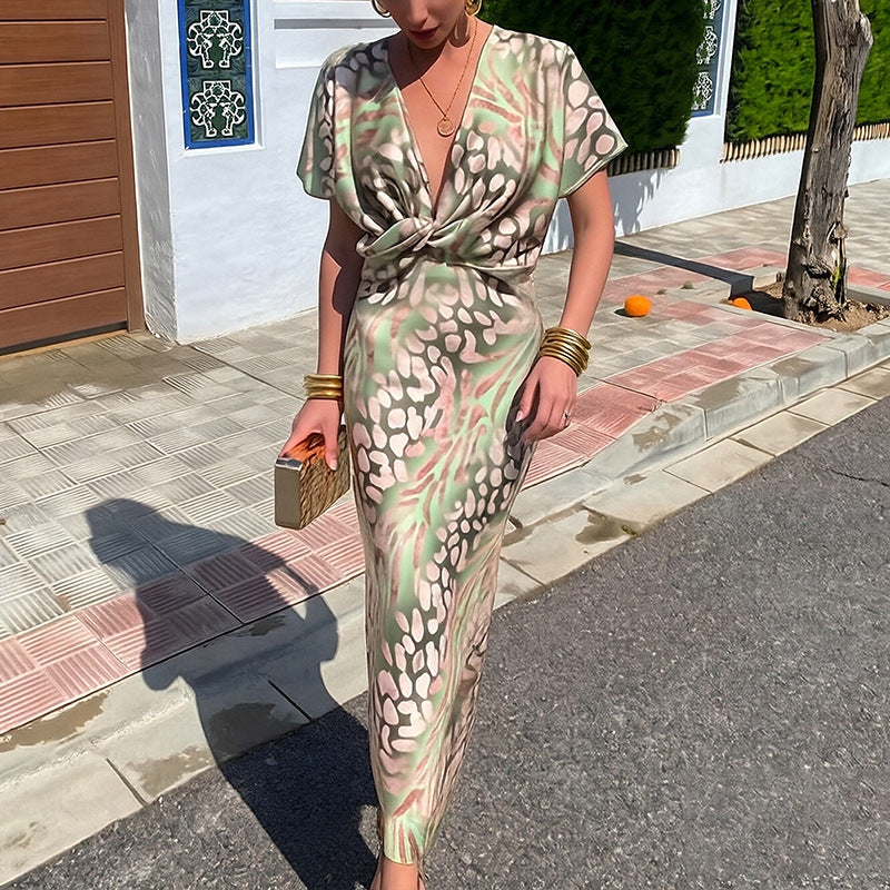 2026 Spring New Foreign Trade European and American Clothing Temperament Print Sexy V-Neck Waist Twisted Short Sleeve Dress for Women