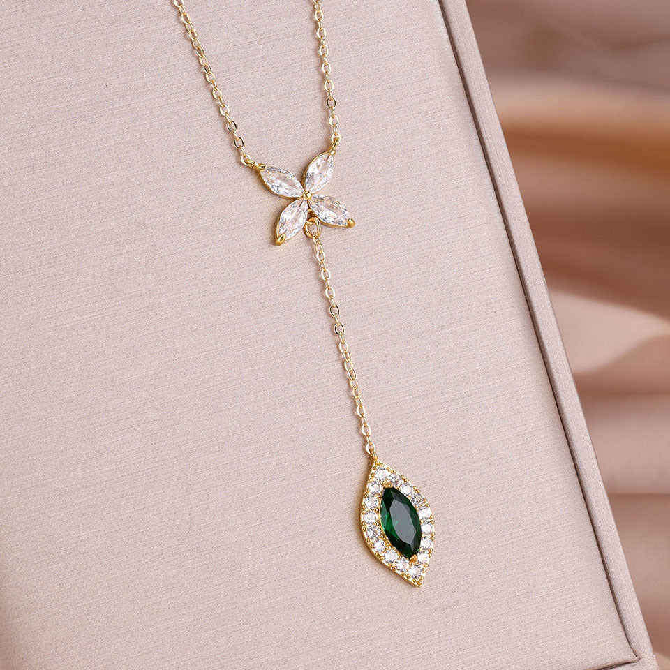 RAKOL Sweet Butterfly Copper Silver Plated Four-Leaf Clover Emerald Y-Shaped Necklace Light Luxury Diamond-Encrusted Tassel Pendant Wholesale