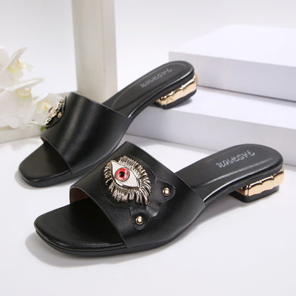 Fashionable and comfortable women's square-toe high-heeled sandals, women's slippers, elegant versatile metal decorative buckle square-toe sandals