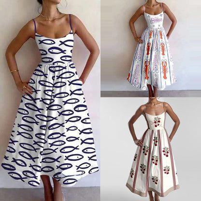 Amazon's new cross-border European and American fashion print pleated waist slip dress for spring 2026