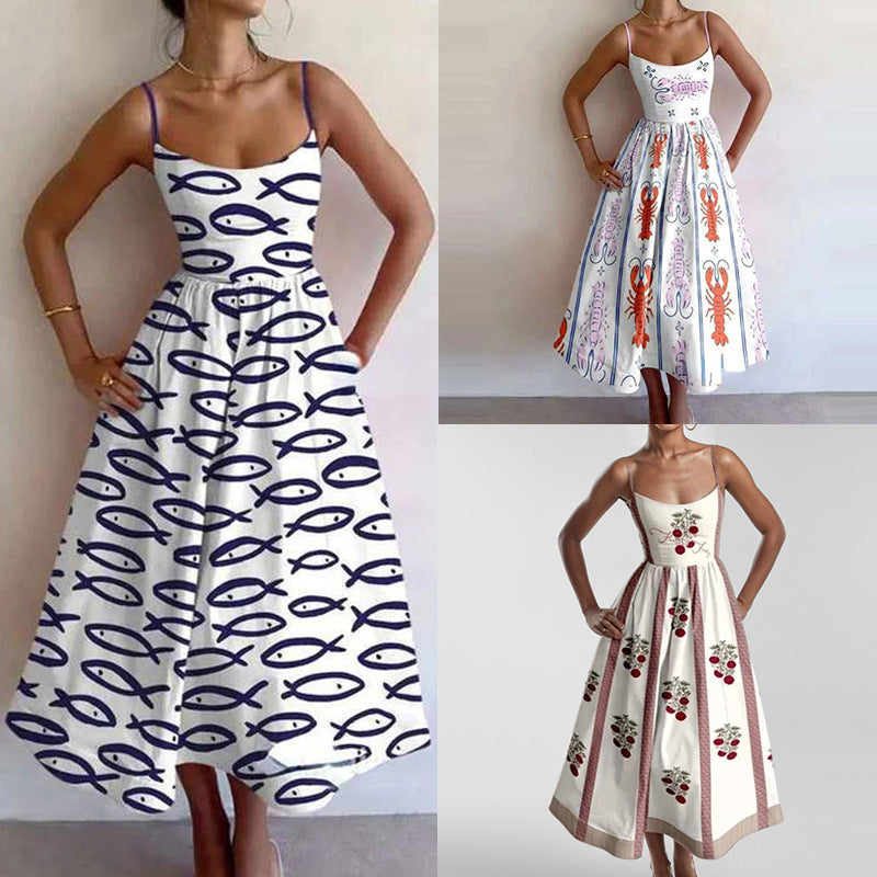 Amazon's new cross-border European and American fashion print pleated waist slip dress for spring 2026