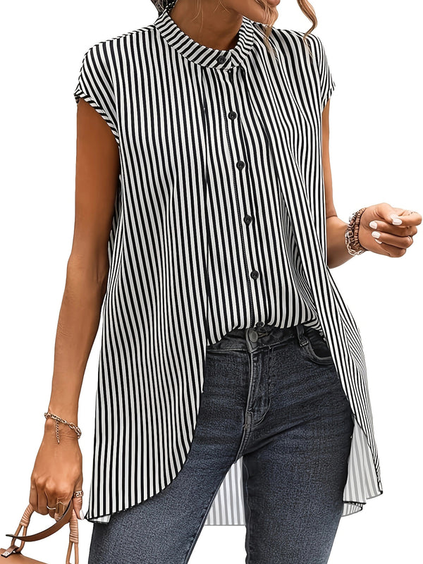 2026 cross-border Amazon European and American women's clothing striped small stand-up collar fake two short-sleeved shirts shirt lazy style