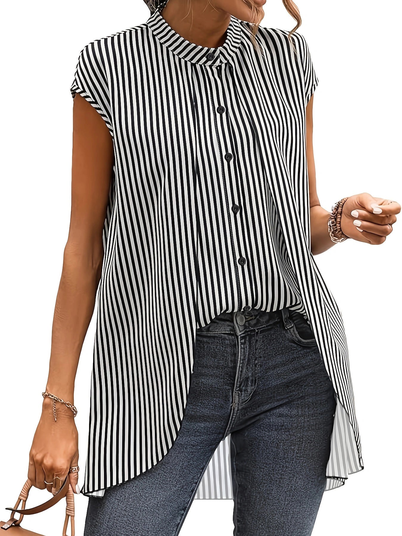 2026 Cross-border Amazon European and American women's striped small stand collar collar leave two-piece short-sleeve plus-size shirt shirt lazy shirt