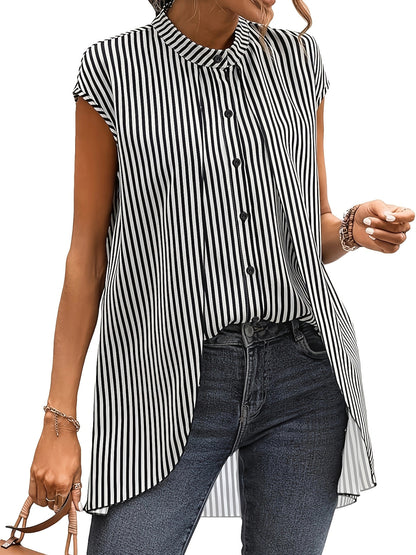 2026 Cross-border Amazon European and American women's striped small stand collar collar leave two-piece short-sleeve plus-size shirt shirt lazy shirt