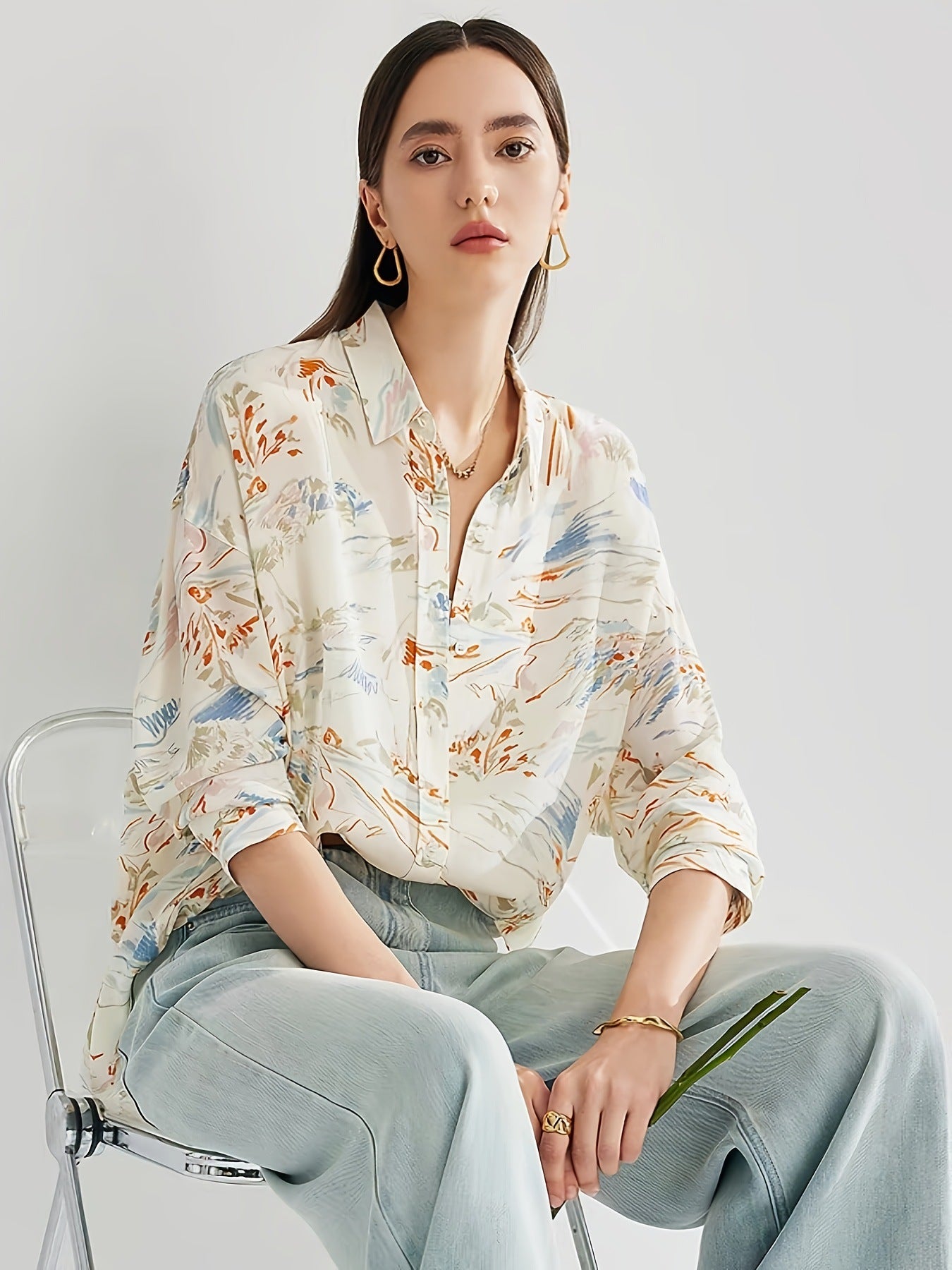 Cross-border European and American full print, a variety of pattern options, long sleeves loose casual top shirt
