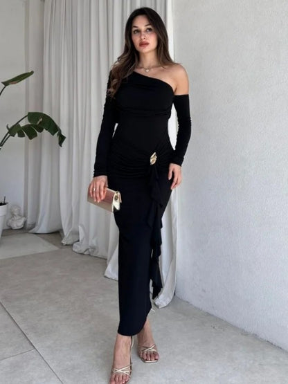 Cross-border autumn new European and American clothing temperament solid color diagonal collar one shoulder long sleeve waist streamer hip wrap dress for women