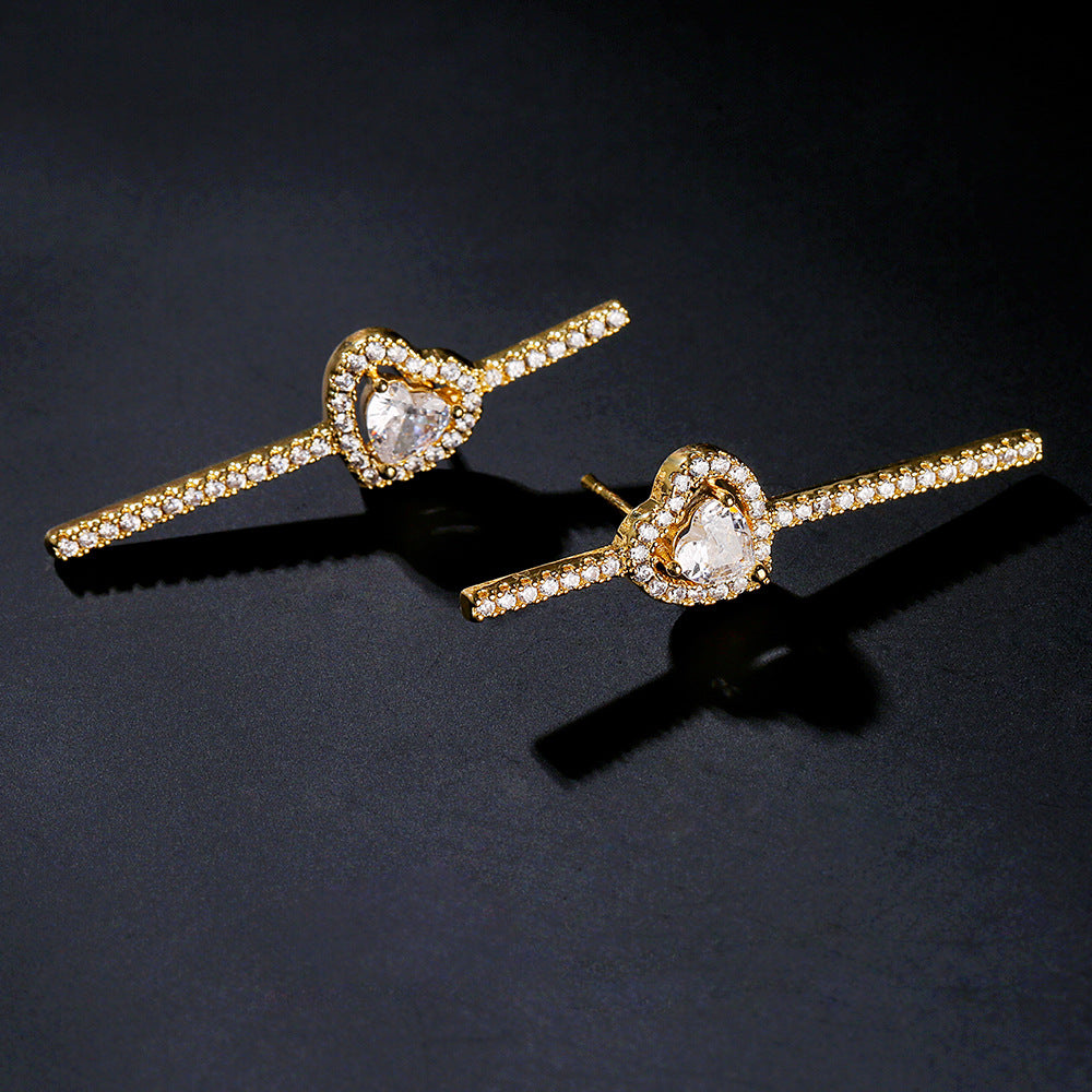 Cross-border best-selling heart-shaped stud earrings with a straight row of diamond zircon earrings, light luxury and high-end style earrings, simple commuting accessories