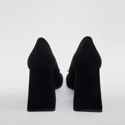 ZA2025 outono Preto Metálico Flor Enfeitada Ovelha Back-heeled Shoes Square Toe Thick Heel Versátil Casual Shoes Mulheres