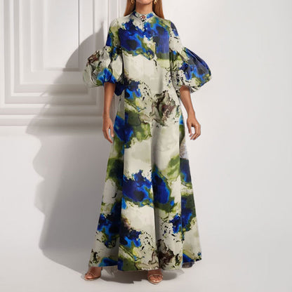 2026 New Foreign Trade European and American Clothing Temperament Loose Printed Painted Long Skirt Large Swing Puff Sleeve European and American Dress