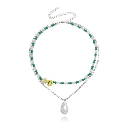 European and American cross-border jewelry, fashion double-layer crystal paper clip, smiley face, special-shaped pearl pendant necklace, female fairy style