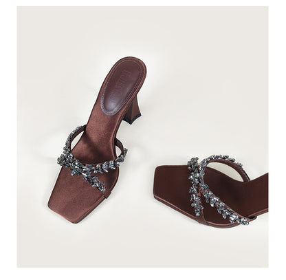 2026 summer European and American silk satin thin heel cross rhinestone square toe open toe slippers high heel slippers fashionable and sexy style