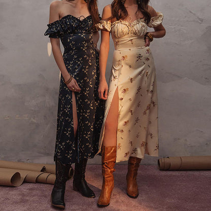 Spring 2026 new European and American cross-border women's clothing sexy and elegant slit fashion one-shoulder floral dress