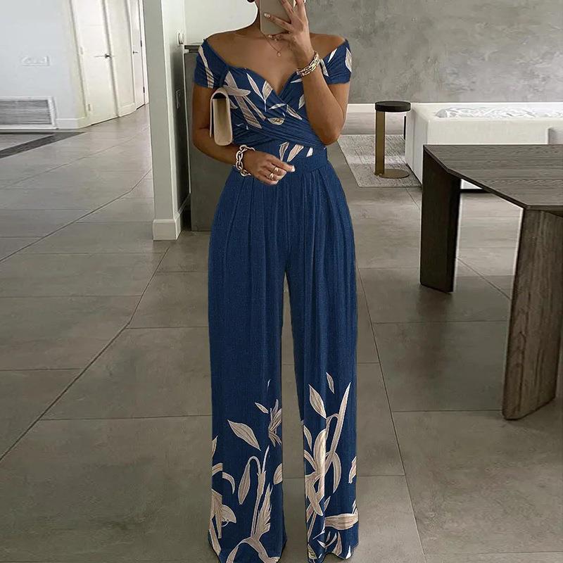 2026 Spring New European and American Cross-border Women's Clothing Elegant One-Shoulder Fashion Printed Temperament High-Waisted Jumpsuit