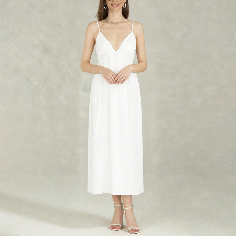 Spring new European and American cross-border women's temperament, sexy backless sleeveless solid color V-neck sundress, large swing dress