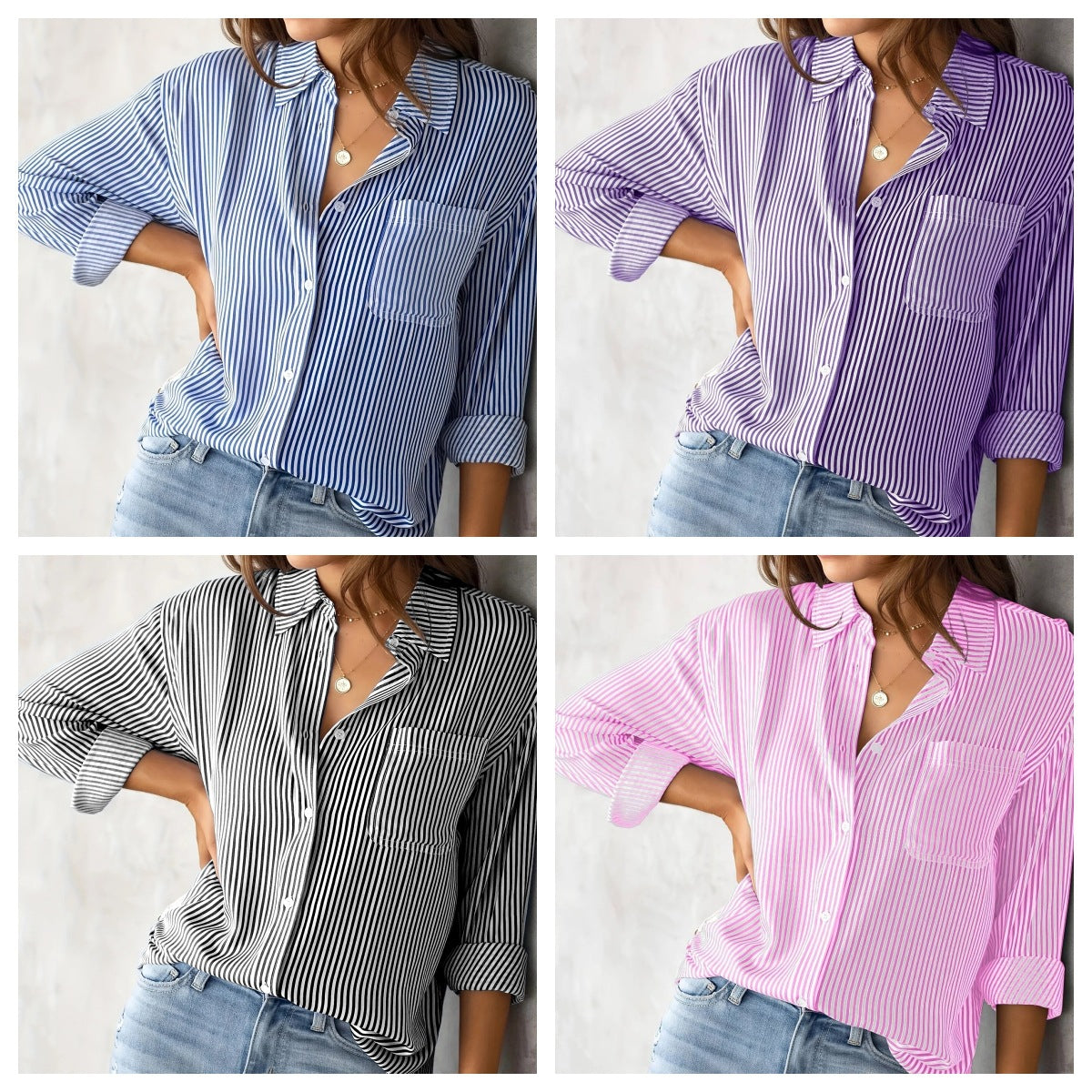 European and American Fall 2023 Amazon Striped Cardigan Top Loose Long Sleeve Shirt Women's Striped Long Sleeve Shirt