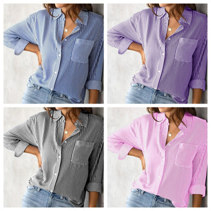 European and American Fall 2023 Amazon Striped Cardigan Top Loose Long Sleeve Shirt Women's Striped Long Sleeve Shirt