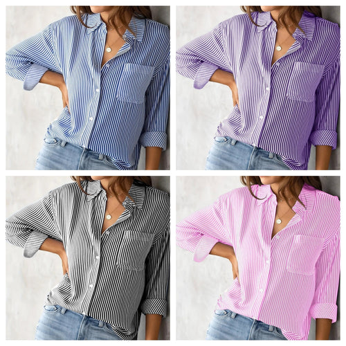 European and American Fall 2023 Amazon Striped Cardigan Top Loose Long Sleeve Shirt Women's Striped Long Sleeve Shirt