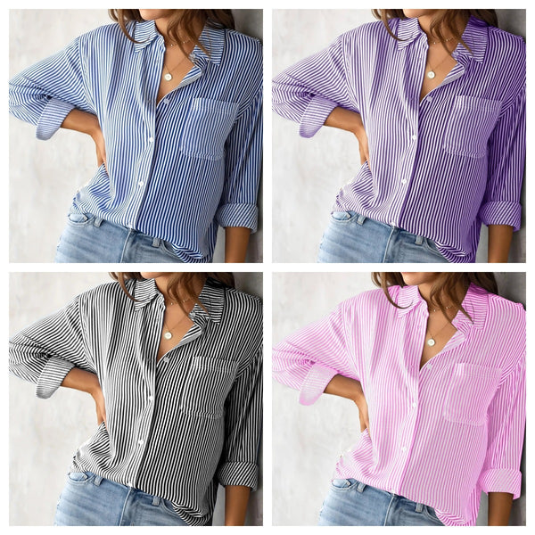 Women's Fall 2023 Amazon Striped Cardigan Tops Loose Casual Long Sleeve Shirts Women's Striped Long Sleeve Shirts