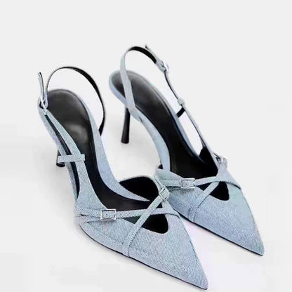 ZA2025 verão nova fivela preta com sandálias pontiagudas para mulheres estilo britânico slotted fivela salto alto para mulheres