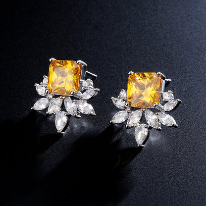 Cross-border light luxury sugar cube yellow diamond earrings, snowflake zircon earrings, niche, high-end and versatile light luxury foreign trade accessories
