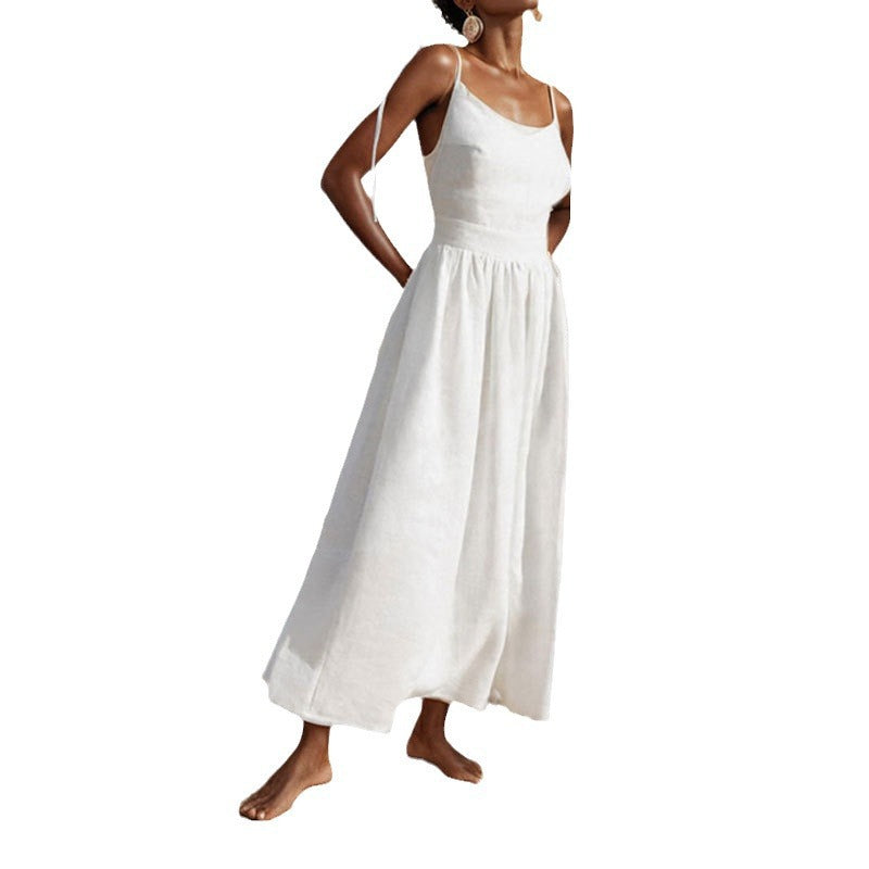 Vestido de verão feminino transfronteiriço europeu e americano primavera 2025, elegante, sexy, com alças e costas nuas, estilo amazónico.