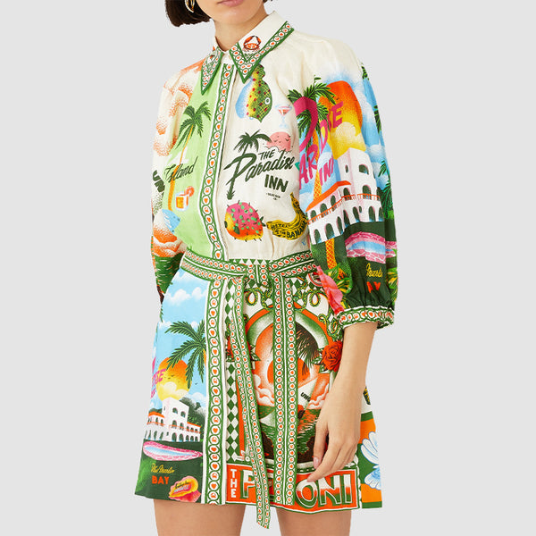 2026 Spring New Cross-border European and American Fashion Printed Resort Style Shirt Cardigan Lace-Up Waist Dress