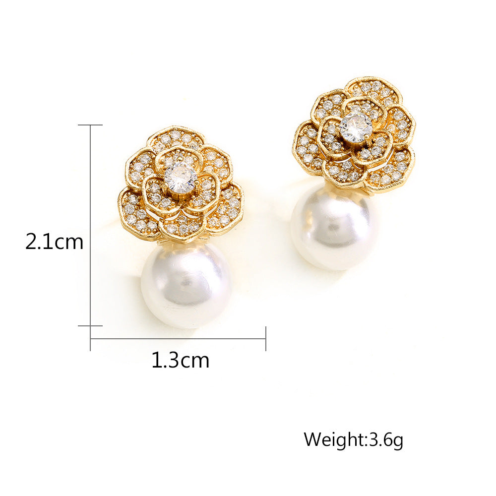 RAKOL 2022 New Creative Rose Flower Light Luxury Zircon Earrings for Women, Fashionable Simple Versatile Pearl Earrings