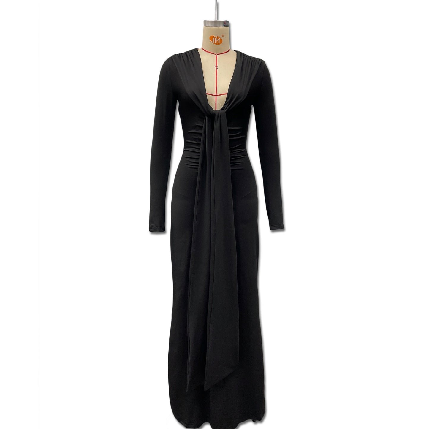 Cross-border autumn new temperament solid color streamer slim long-sleeved dress sexy deep V-neck slimming hip-hugging skirt for women