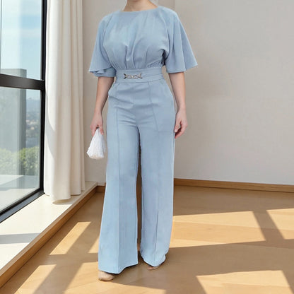 Amazon cross-border European and American clothing 2025 summer fashion crew neck solid color high-waisted elegant temperament wide-leg jumpsuit