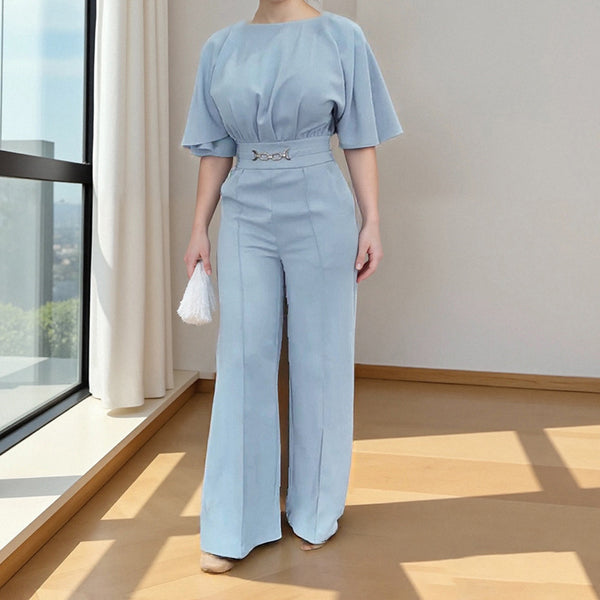 Amazon cross-border European and American clothing 2025 summer fashion crew neck solid color high-waisted elegant temperament wide-leg jumpsuit | Ciaura