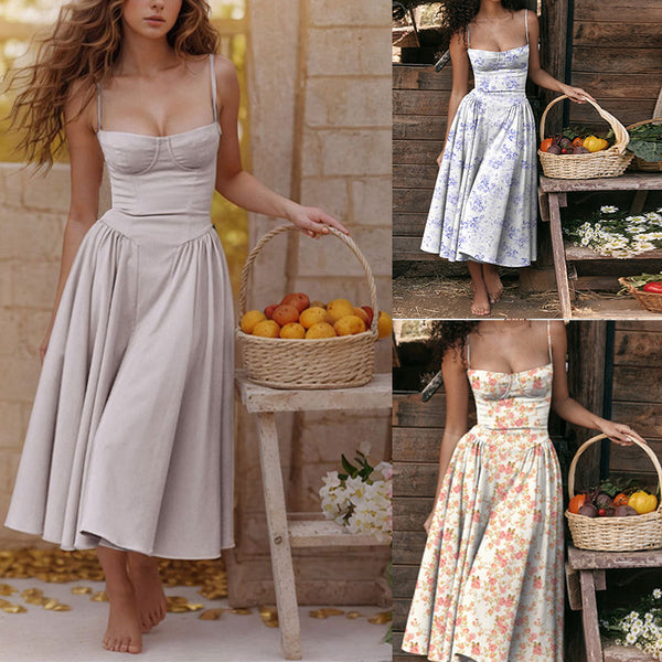 Amazon independent station European and American women's clothing French elegant retro style dopamine wear suspender European and American dress women