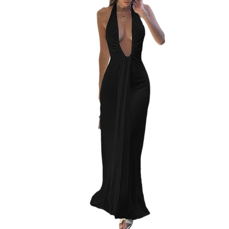 2026 Spring New Cross-border European and American Dress Women's Temperament Elegant Halterneck V-Neck Sexy Backless Dress