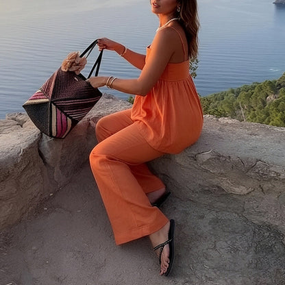 2025 European and American cross-border women's independent station temperament commuter sling solid color loose two-piece casual fashion suit