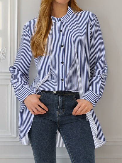 2025 cross-border Amazon European and American clothing striped fake two crew neck long sleeve shirt casual shirt comfortable