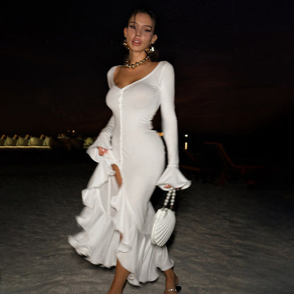 Cross-border new European and American clothing sexy hot girl slim flared sleeve dress personalized single-breasted slit long skirt