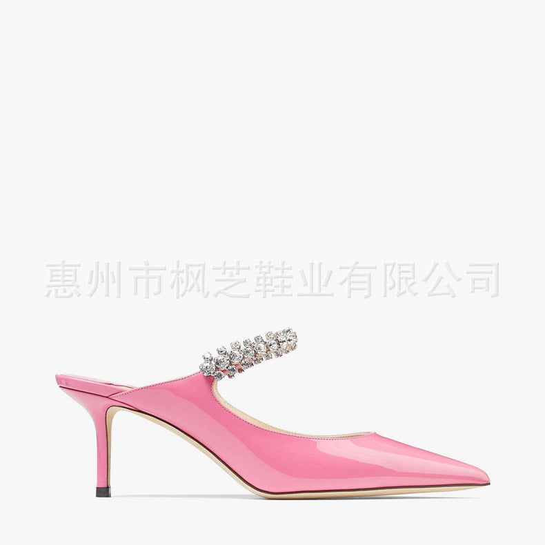 New cross-border European and American one-line strap ultra-high heel sandals, black pointed toe rhinestone heels, pump heels
