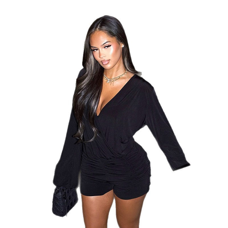 Macacão curto feminino sexy de cor sólida com decote em V profundo, mangas largas e soltas, costas abertas e atilhos, ideal para o outono e inverno europeu e americano.