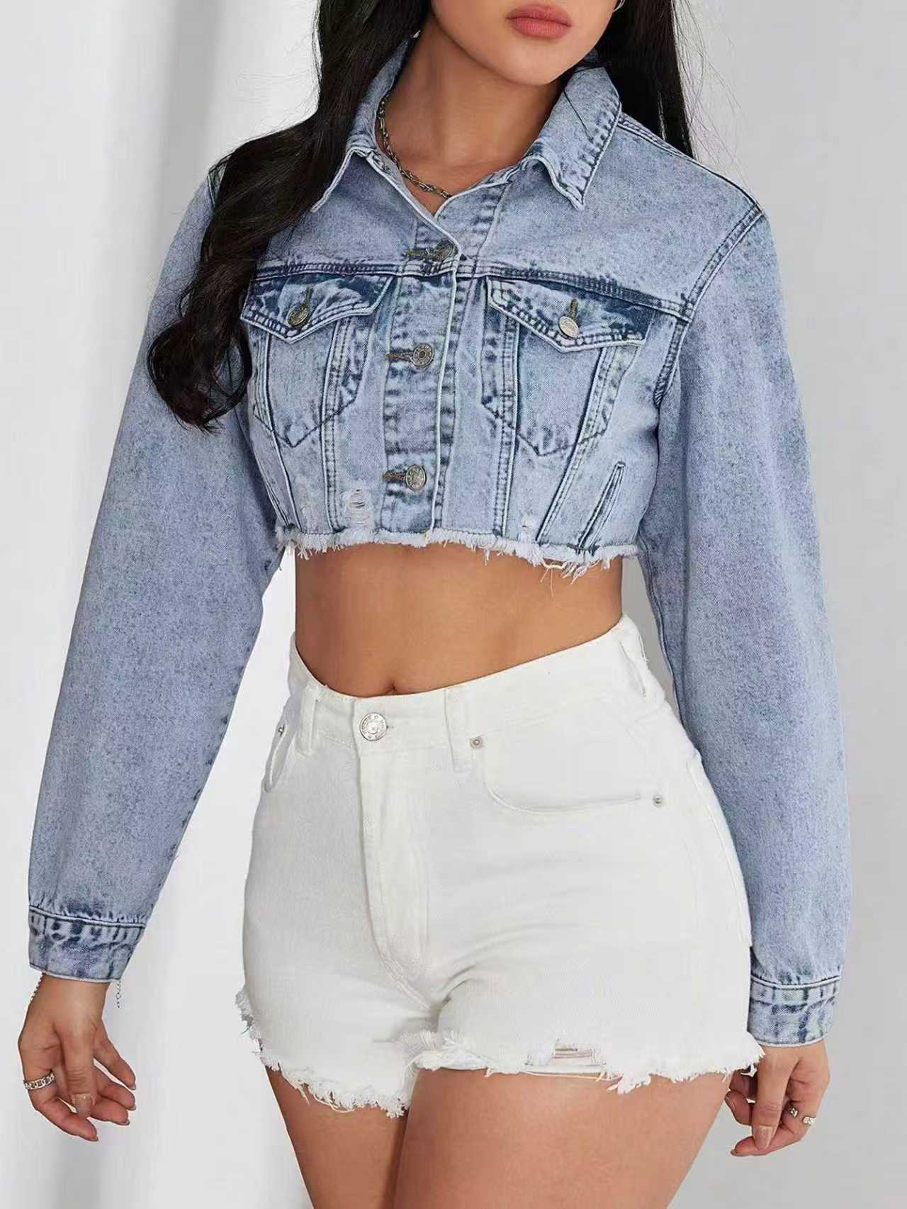 Cross-border, denim elastic cropped top, classic style light blue denim denim cotton pants pattern regular