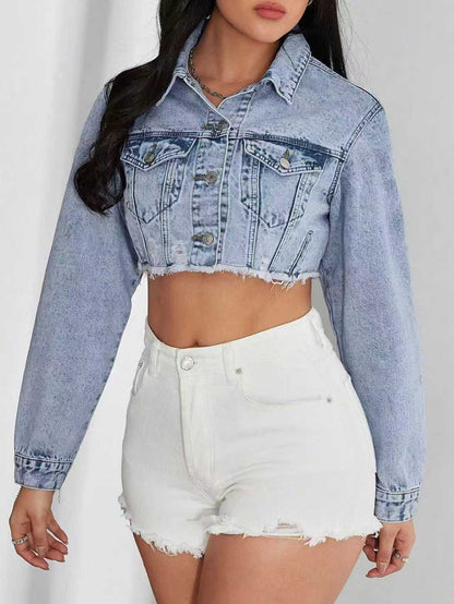 Cross-border, denim elastic cropped top, classic style light blue denim denim cotton pants pattern regular