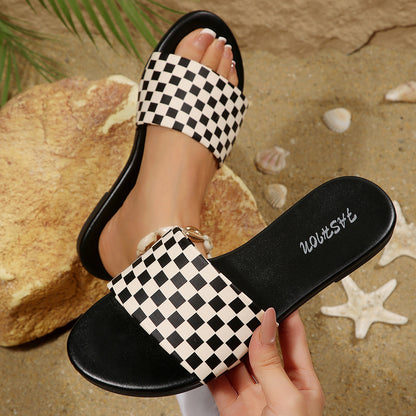 European and American cross-border women's shoes, export checkerboard print decorative fashion slippers, elegant versatile round-toe flat sandals