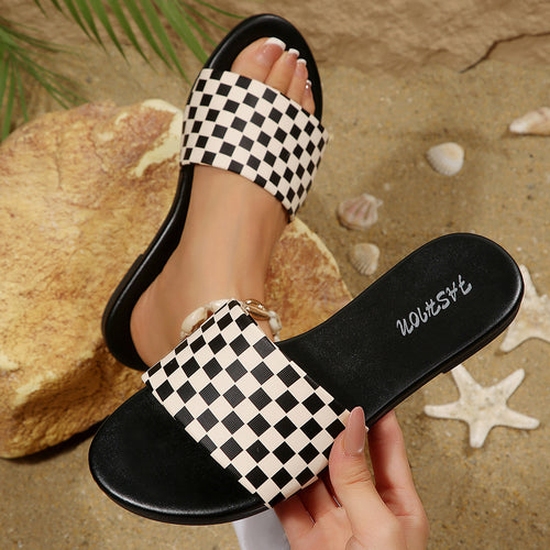 European and American cross-border women's shoes, export checkerboard print decorative fashion slippers, elegant versatile round-toe flat sandals