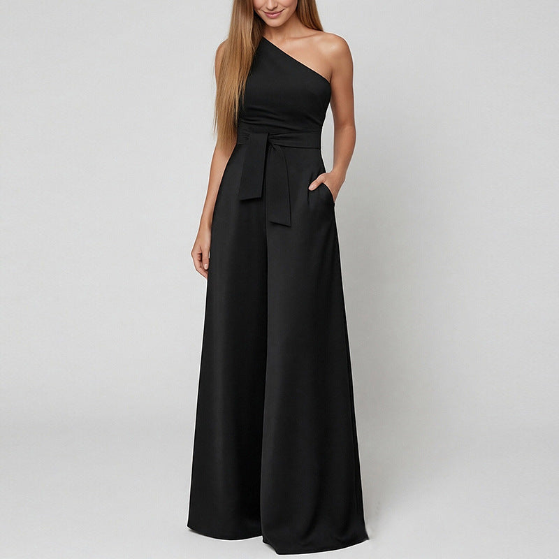 Cross-border foreign trade European and American clothing 2026 new solid color cross-collar off-shoulder lace-up high-waisted wide-leg European and American jumpsuit for women