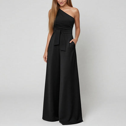 Cross-border foreign trade European and American clothing 2026 new solid color cross-collar off-shoulder lace-up high-waisted wide-leg European and American jumpsuit for women