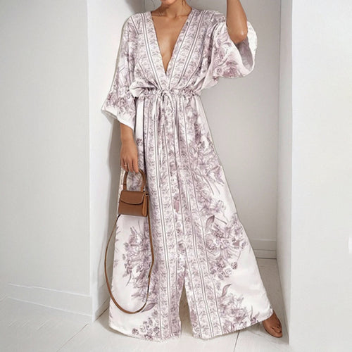 AliExpress 2025 spring cross-border new European and American clothing temperament sexy V-neck print strap-on big swing dress