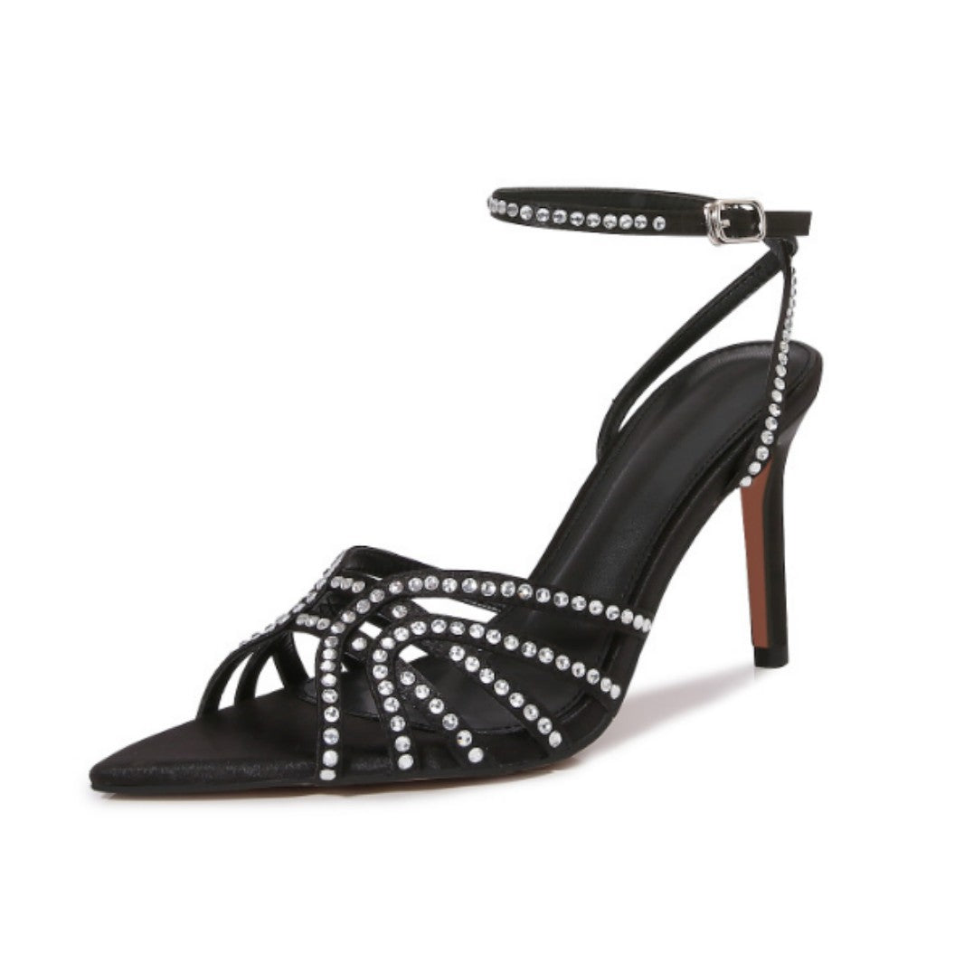 WO Huizhou Black Stiletto Heel Pointed Sandals Silk Satin Open Toe Fashion Versatile Style Women's Shoes 2026 Summer New Style