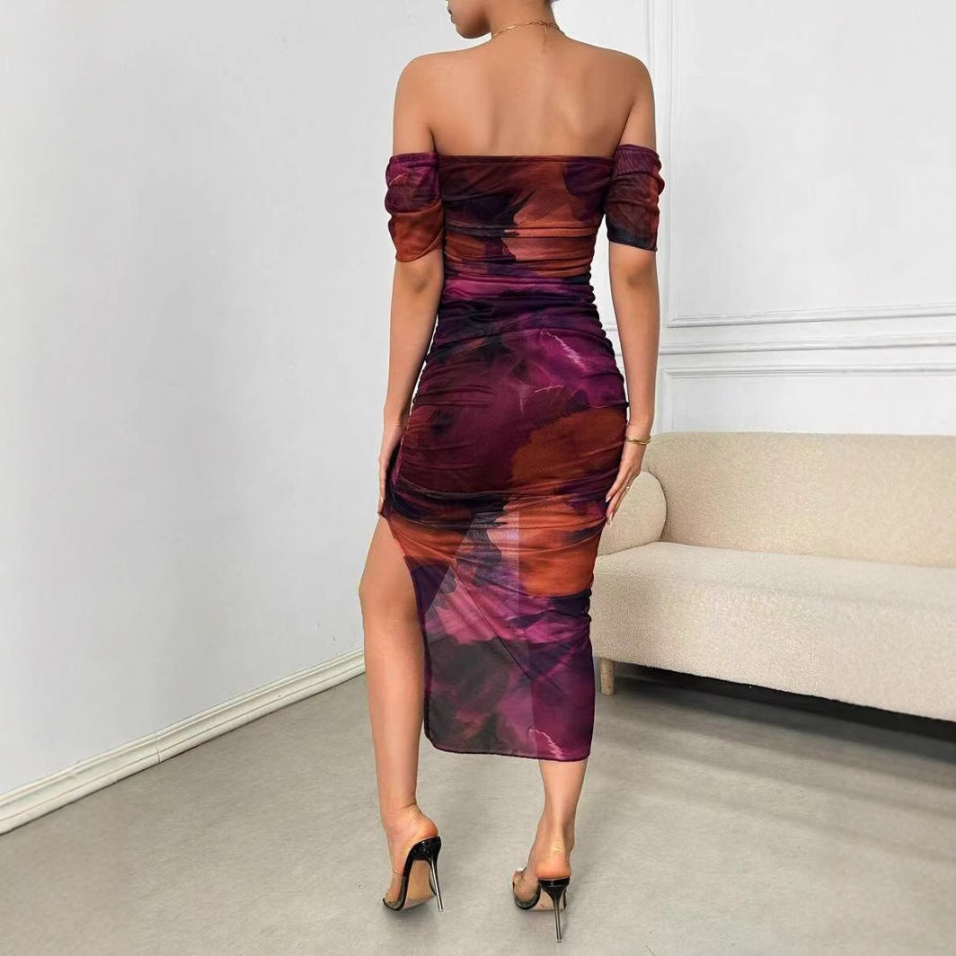 Summer 2025 European and American hip skirt dream red boat neck slit wavy side hot girl mesh dress women