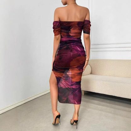 Summer 2025 European and American hip skirt dream red boat neck slit wavy side hot girl mesh dress women