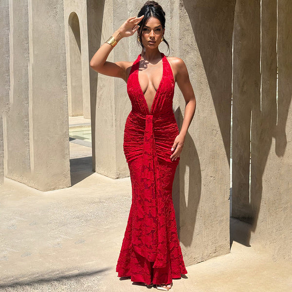 Foreign Trade Wholesale 2025 New Temperament Pleated Halterneck Dress Sexy Deep V-Neck Lace-up Hip Fishtail Long Skirt